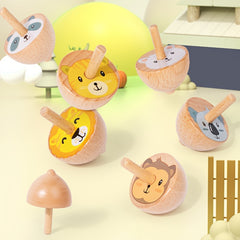 6pcs Wooden Spinning Top Toys Cartoon Fruit Animal Theme Patterns Classic Game
