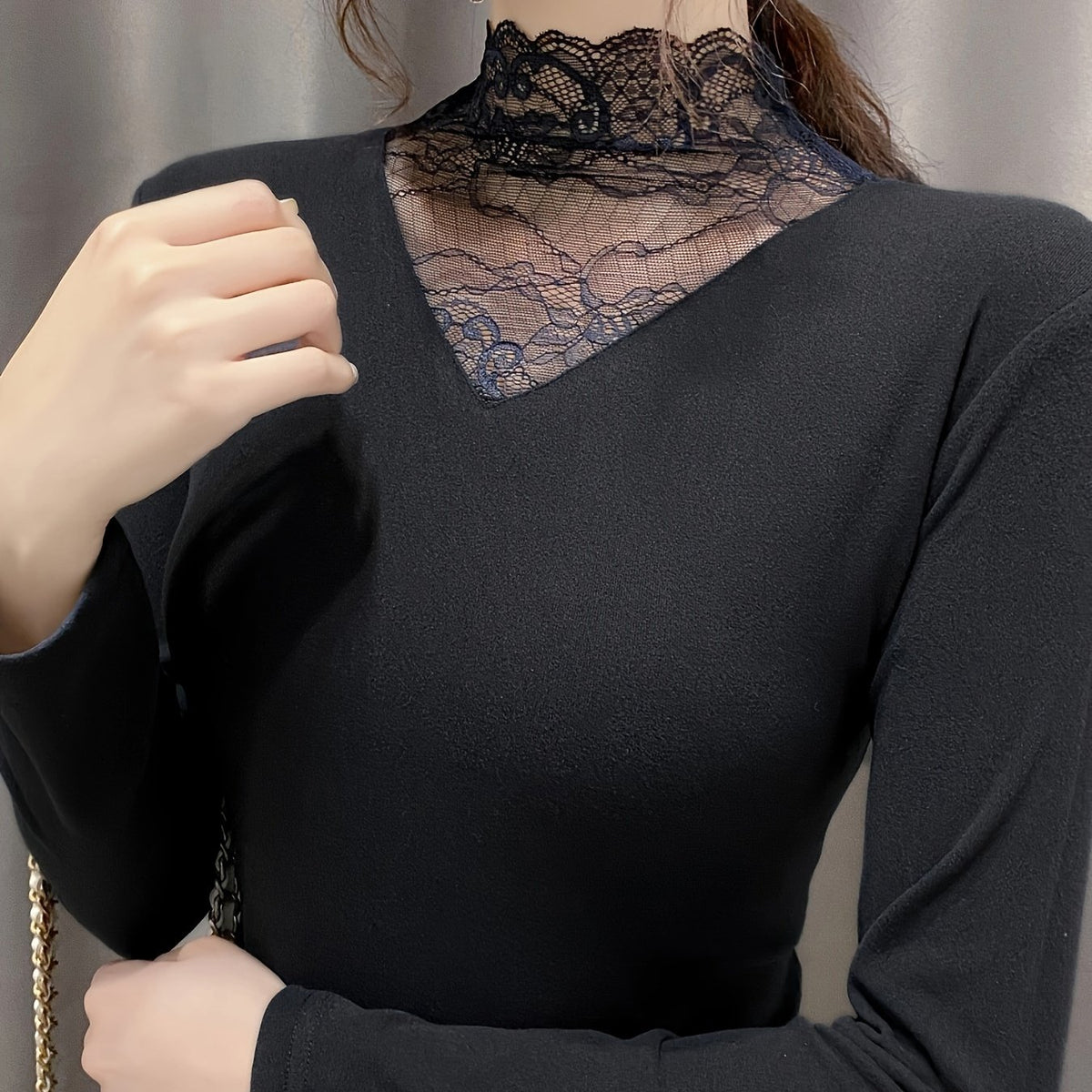 Lace Stitching Thermal Top Long Sleeve Slim Fit Top