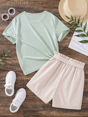 Girls Flowers Graphic Tee & Belted Shorts Set Summer Outfit