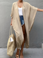  Solid Open Front Batwing Sleeve Beach Kimono