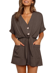 Women's V Neck Button Rompers Knot Tie Short Sleeve Jumpsuit