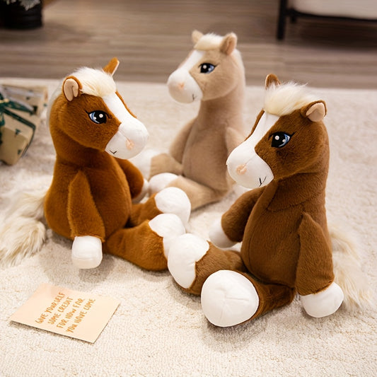 Cartoon Horse Plush Toy 8.66in Khaki Light Brown Dark Brown Soft Textured