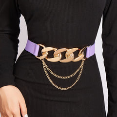 Women's Elastic Belt with Chain Decor Metal Buckle