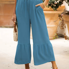  Ruffle Trim Drawstring High Waist Wide Leg Pants