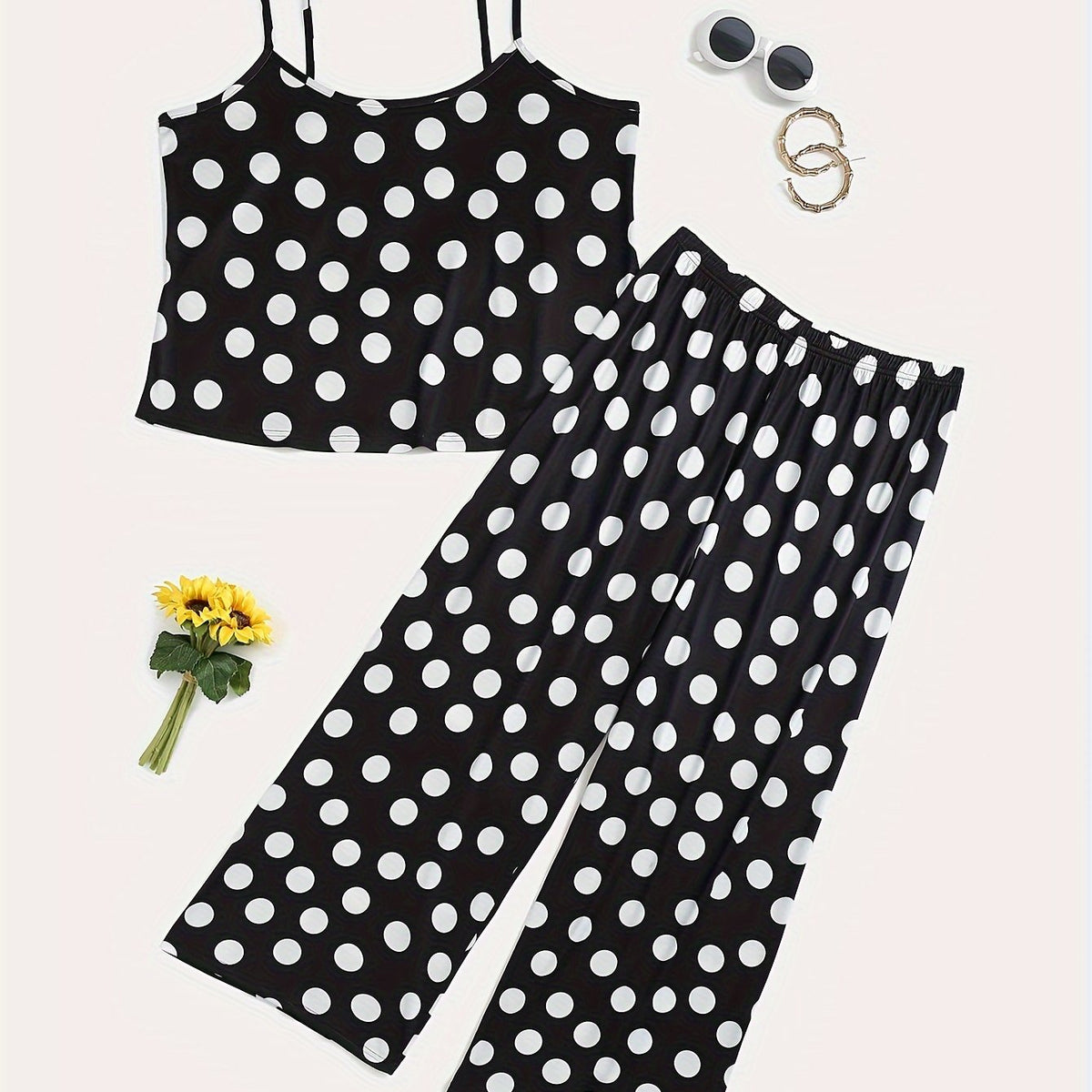  Polka Dot Pajamas Set - Cami Top & Pants Lounge Two Piece Set