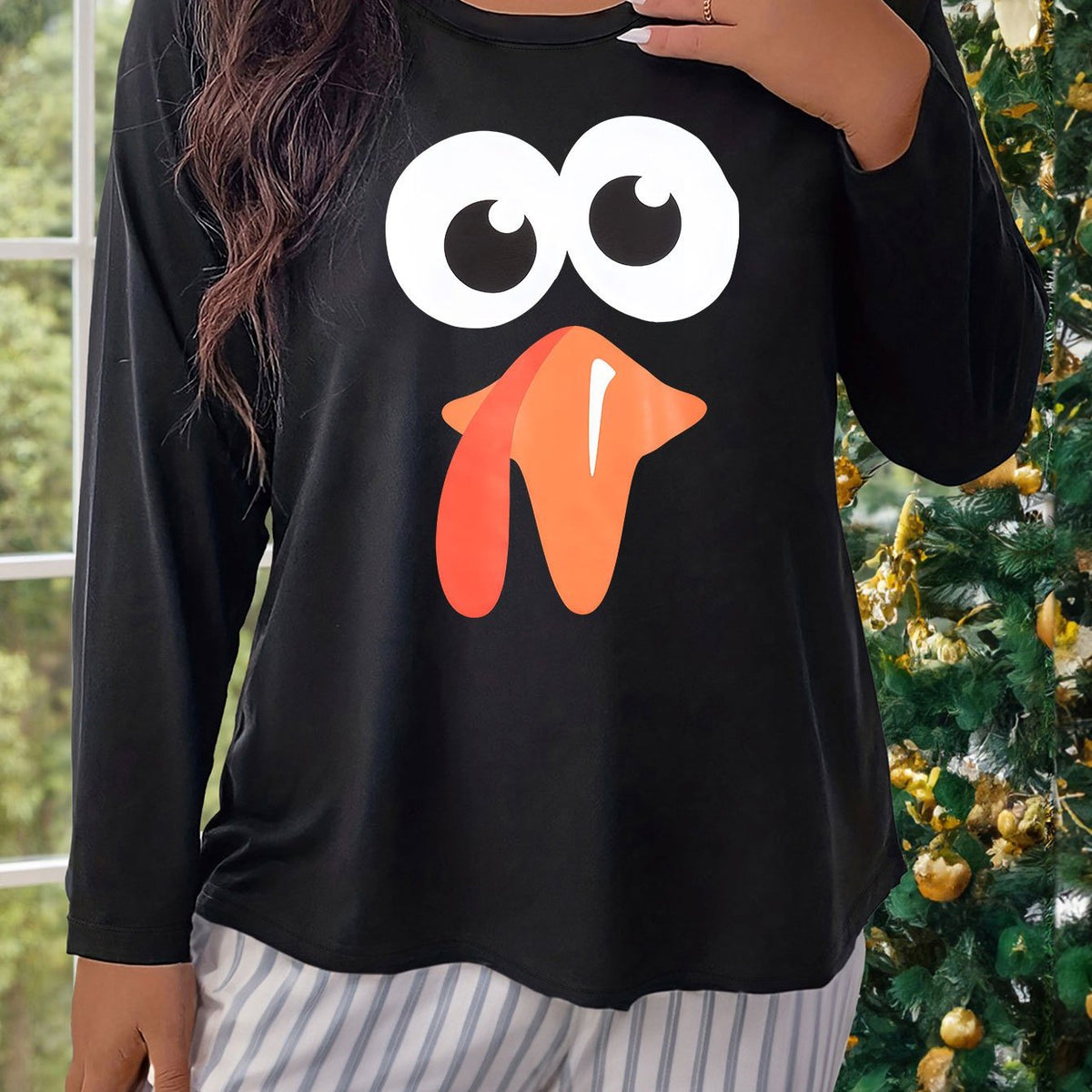  Turkey Print Long Sleeve Round Neck Loungewear Tee