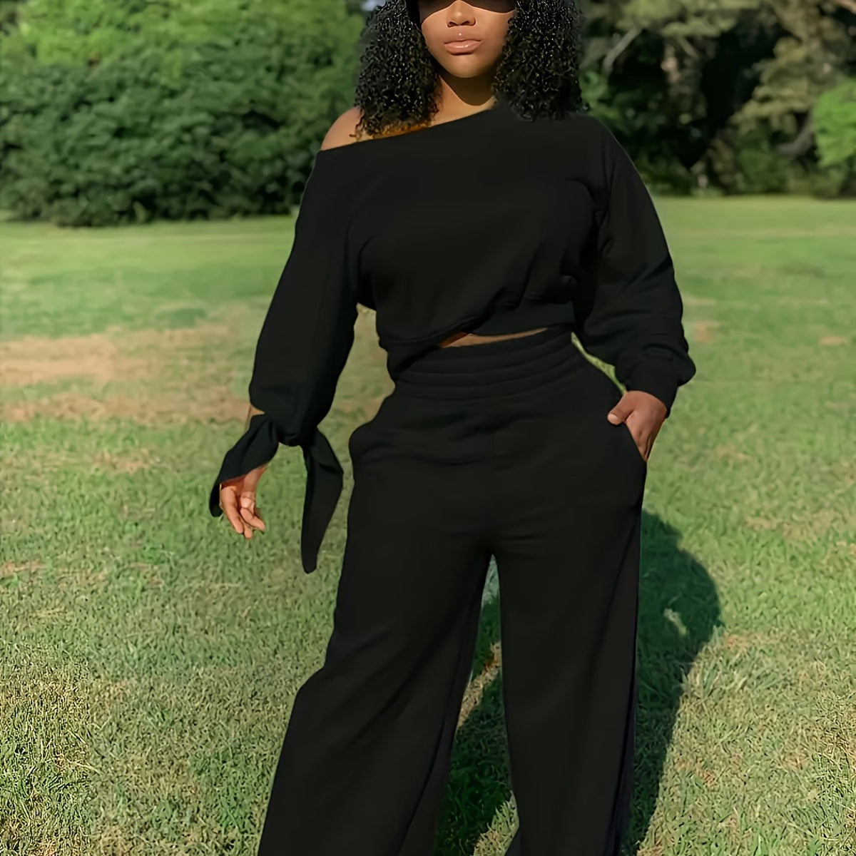  One Shoulder Crop Top & Wide Leg Pants Set