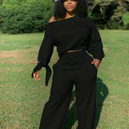  One Shoulder Crop Top & Wide Leg Pants Set