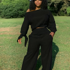  One Shoulder Crop Top & Wide Leg Pants Set