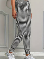  Stripe Print Elastic Drawstring High Rise Jogger Pants