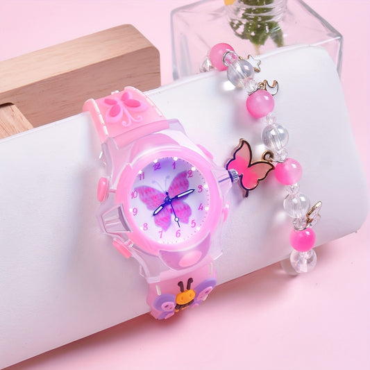 2pcs Girls' Butterfly Watch & Bracelet Set Pink Silicone Band Glow in the Dark