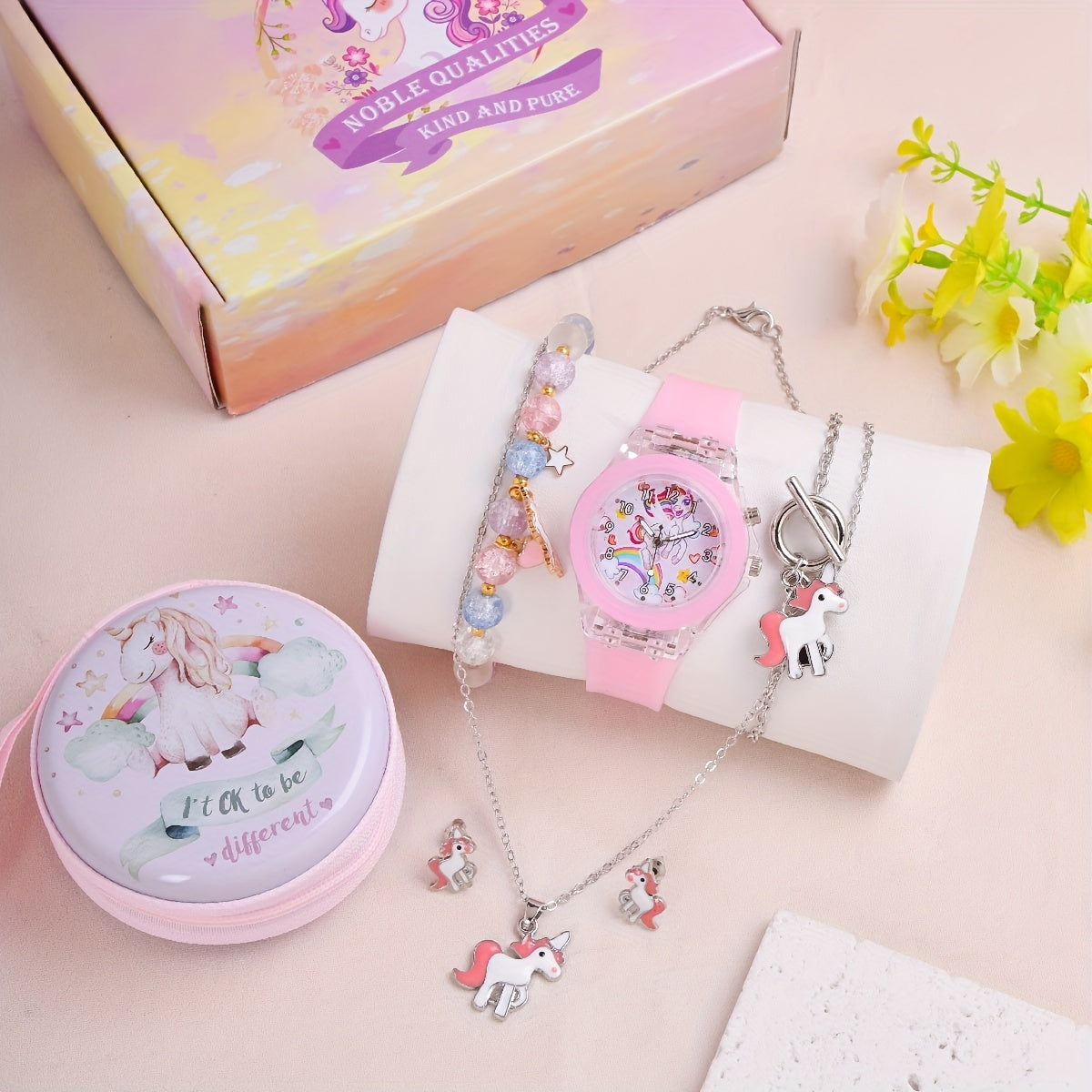 6pcs Unicorn LED Watch Necklace Bracelet Earrings Set
