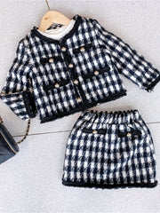 Girl's Houndstooth 2pcs Button Front Coat & Skirt Set Outfits