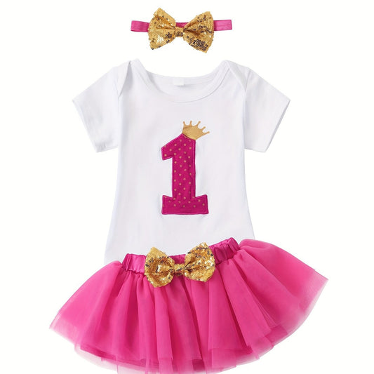 Sweet Party Baby Girls Gown Romper Lace Skirt Hairband 3pcs Set