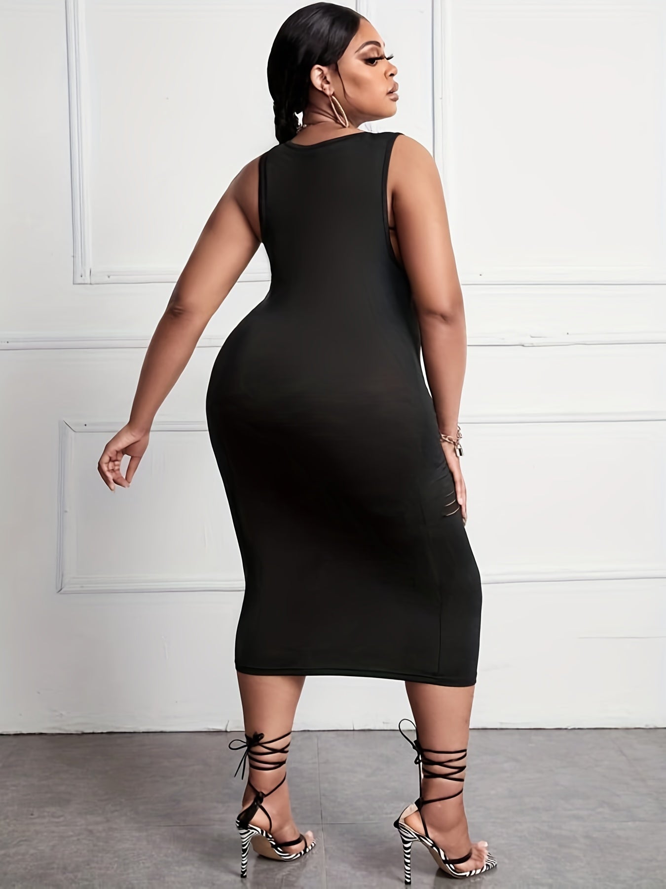  Sexy Tank Dress Women's Plus Solid Ripped Square Neck Semi Sheer