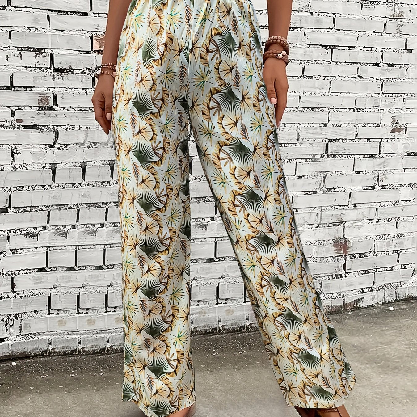 Boho Wide Leg Pants Women's Plus Size Elastic High Rise Trousers