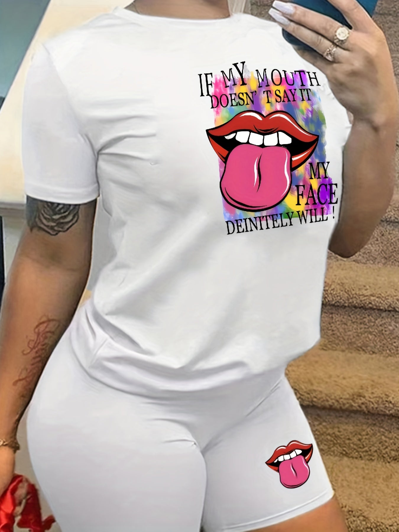 Lips Print Casual Two piece Set Crew Neck Short Sleeve Tee & Slim Shorts Outfits