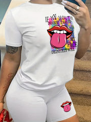 Lips Print Casual Two piece Set Crew Neck Short Sleeve Tee & Slim Shorts Outfits