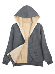 Fuzzy Hooded Jacket Casual Zip Up Drawstring Long Sleeve Solid Outerwear