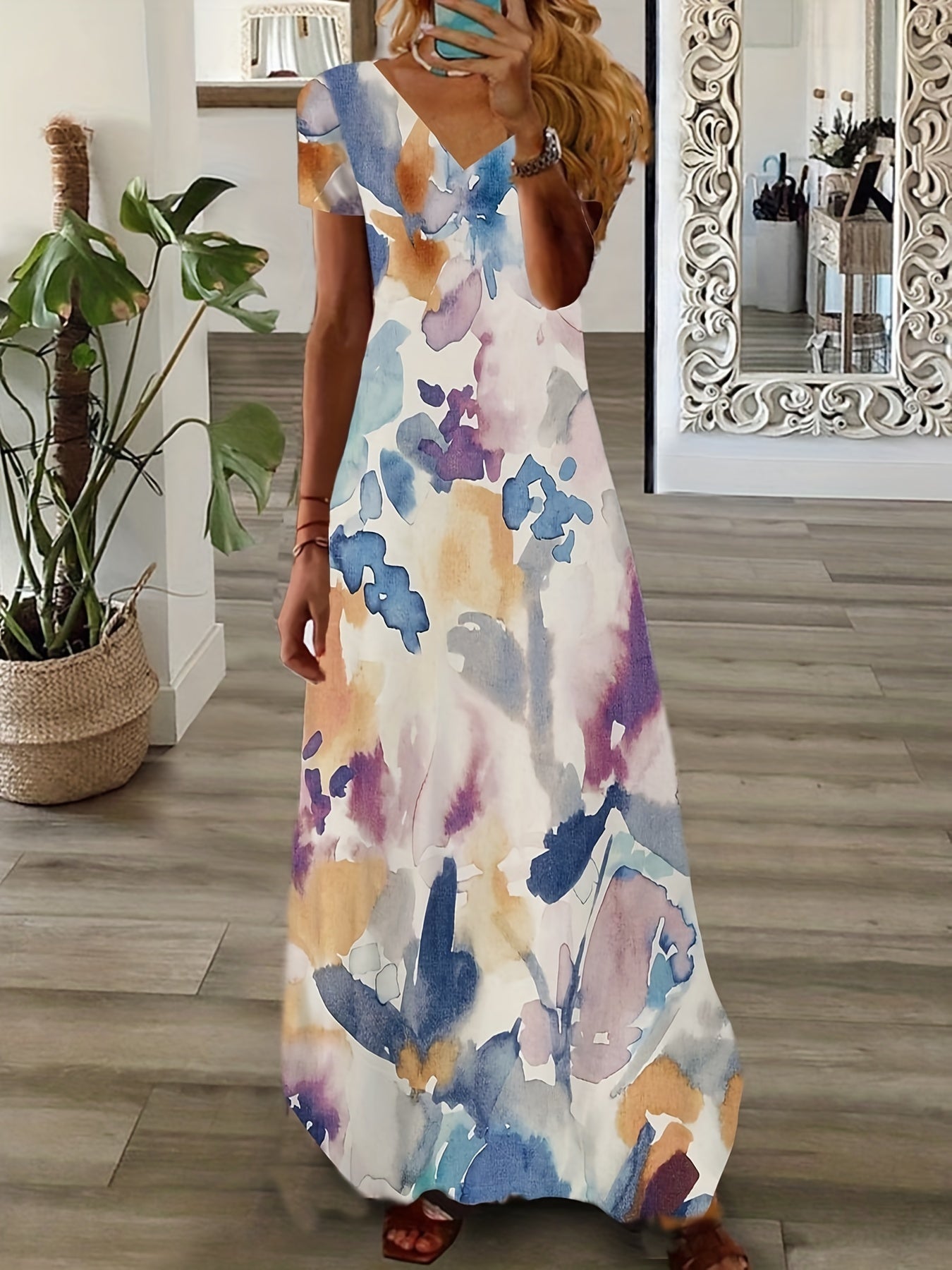  Floral Print V Neck Maxi Dress
