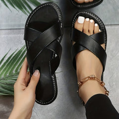 Women's Cross Strap Flat Slippers Open Toe Non Slip Slides