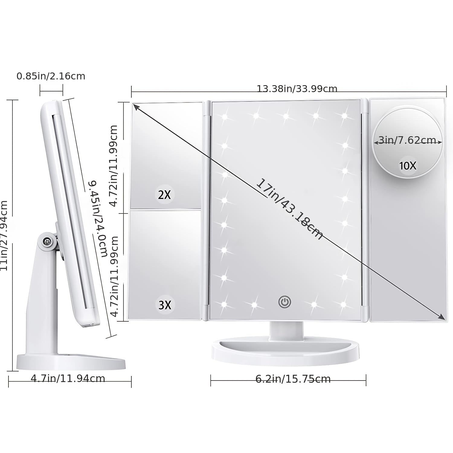LED Makeup Mirror 1x2x3 Magnification Touch Control Dual Power Supply