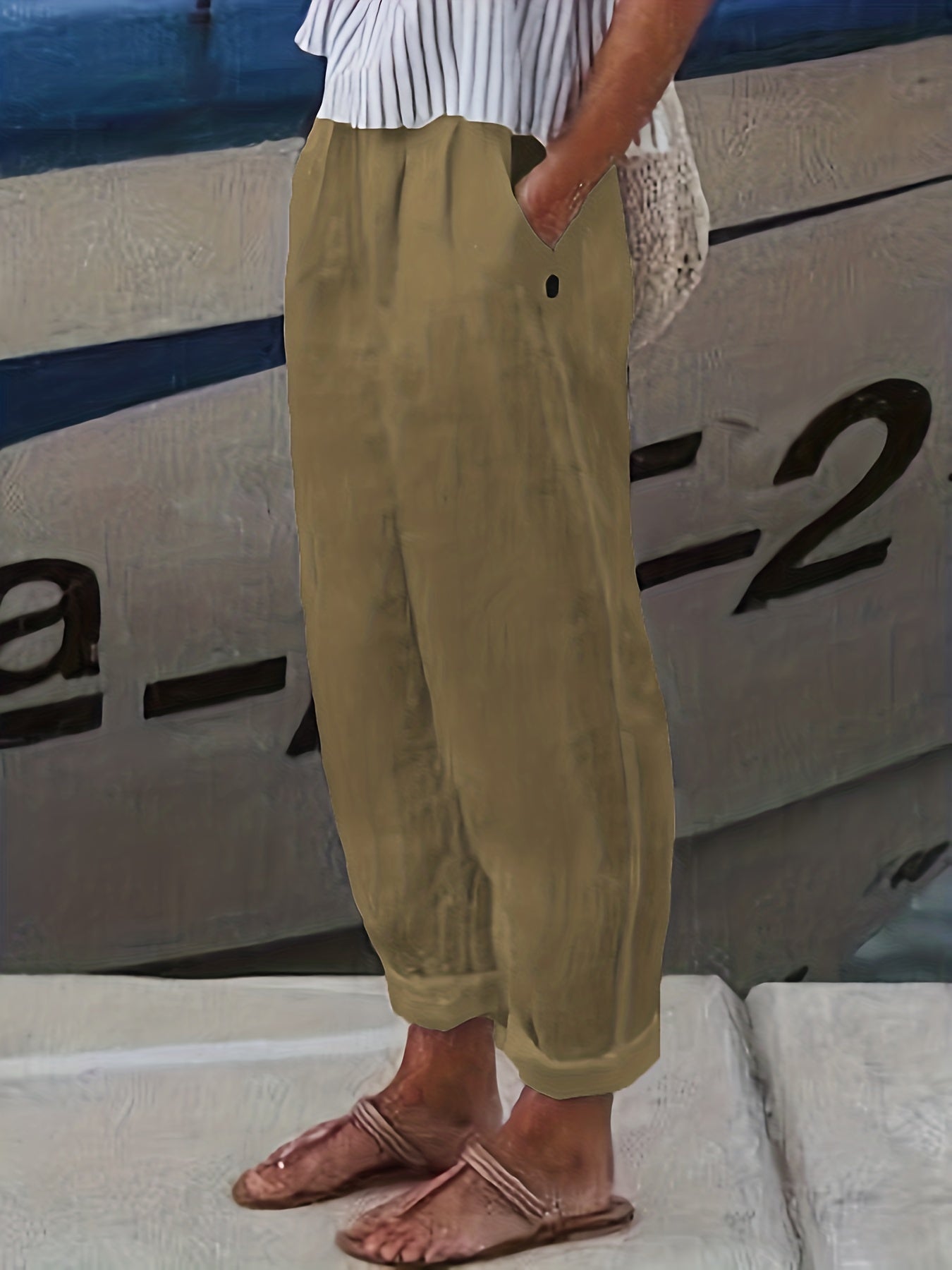  Basic Pants Women's Plus Plain High Rise Elastic Button Decor