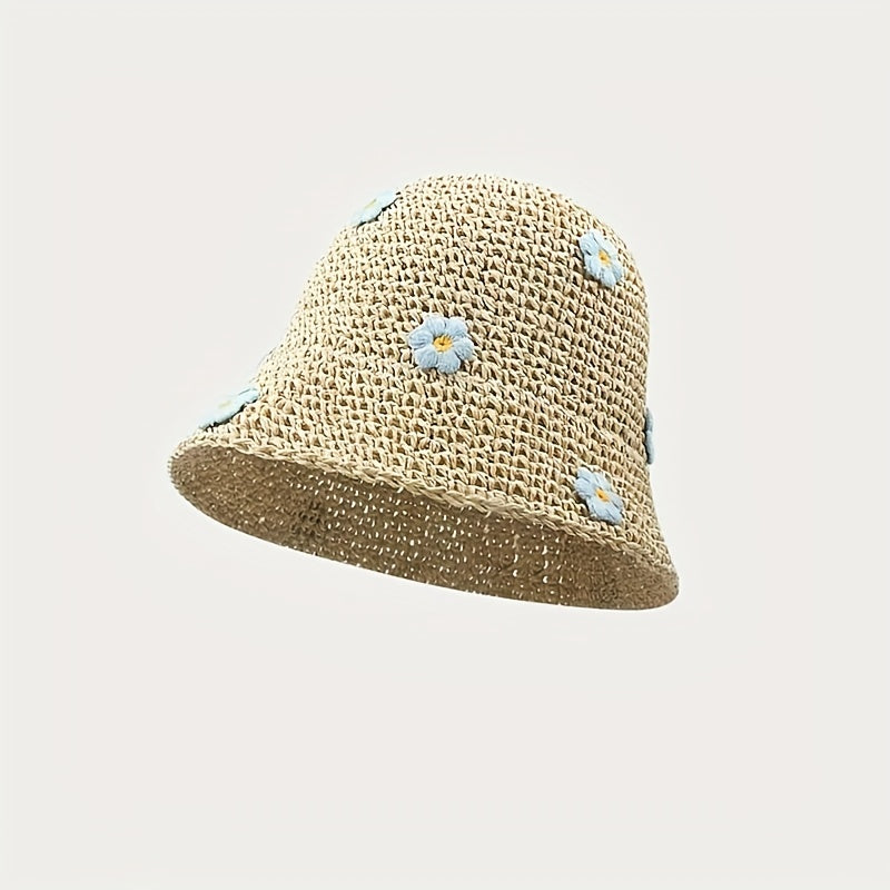 Flower Decor Bucket Hat Solid Sun Hats Hollow Crochet Cloche Hat