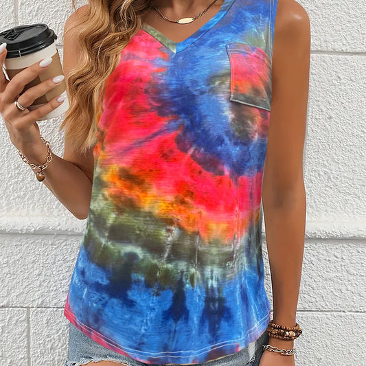Tie Dye Print Pocket Tank Top V Neck Summer Sleeveless