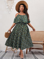  Ditsy Print Cold Shoulder Ruffle Trim Midi Dress