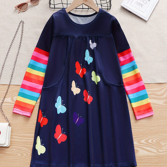 Girls Rainbow Long Sleeve Butterfly Dress Spring Fall Party