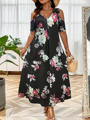  Floral Print Lace Cold Shoulder Maxi Dress