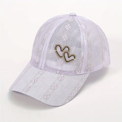 Lace Floral Embroidered Baseball Cap Heart Label Mesh Overlay Breathable Sun Hat