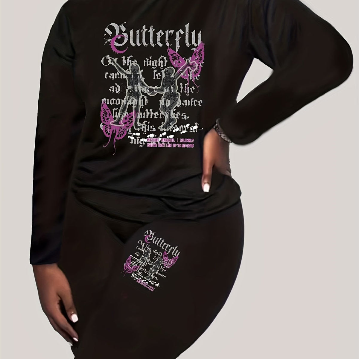 Women's Plus Size Dancing Skull & Butterfly Top & Leggings Set