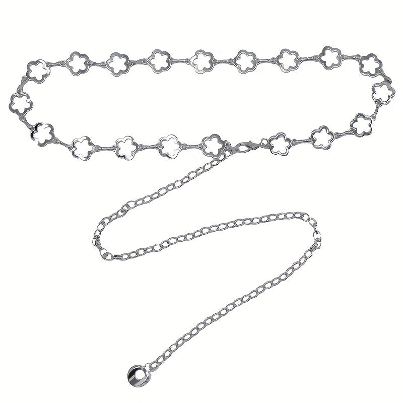 Flower Hollow Waist Chain Silvery Metal Belly Chain for Women