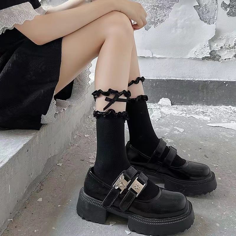 Mesh Stitching Socks Sweet & Bow Tie Ruffle Socks Women's Stockings