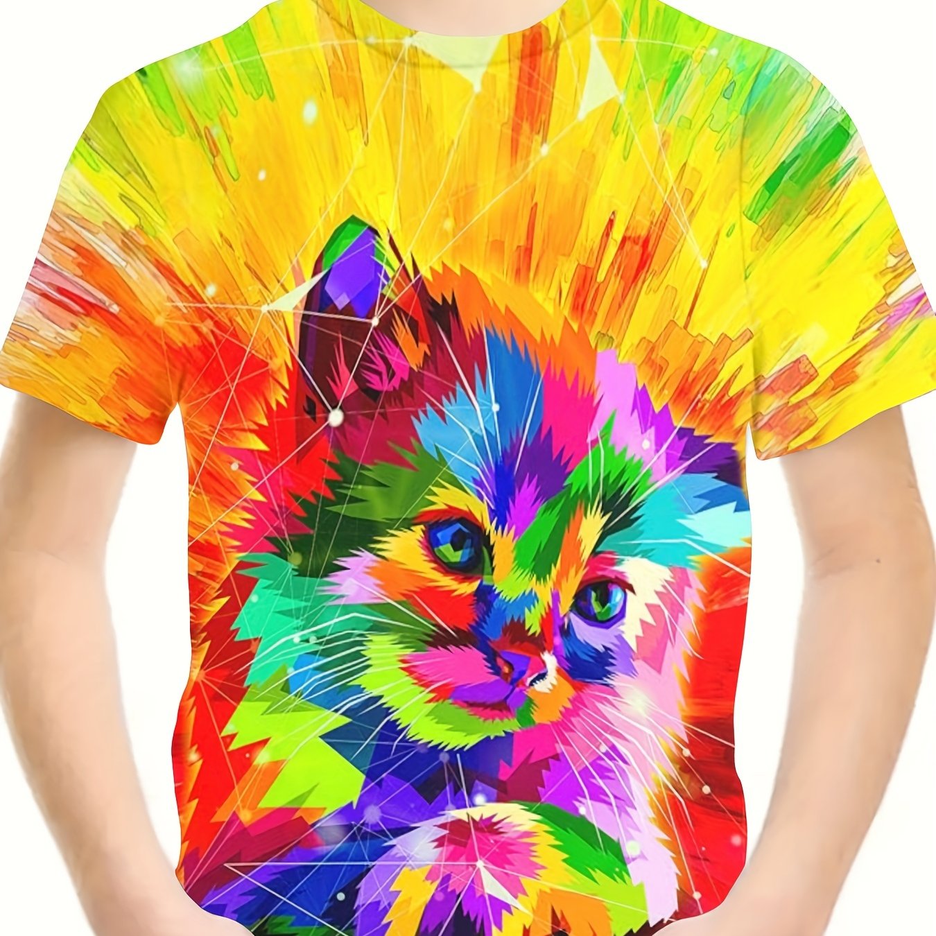 3D Rainbow Tie Dye Kitty Graphic Short Sleeve T shirt For Girls boys