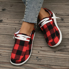 Women's Plaid Canvas Shoes Round Toe Lace Up Flat Sneakers