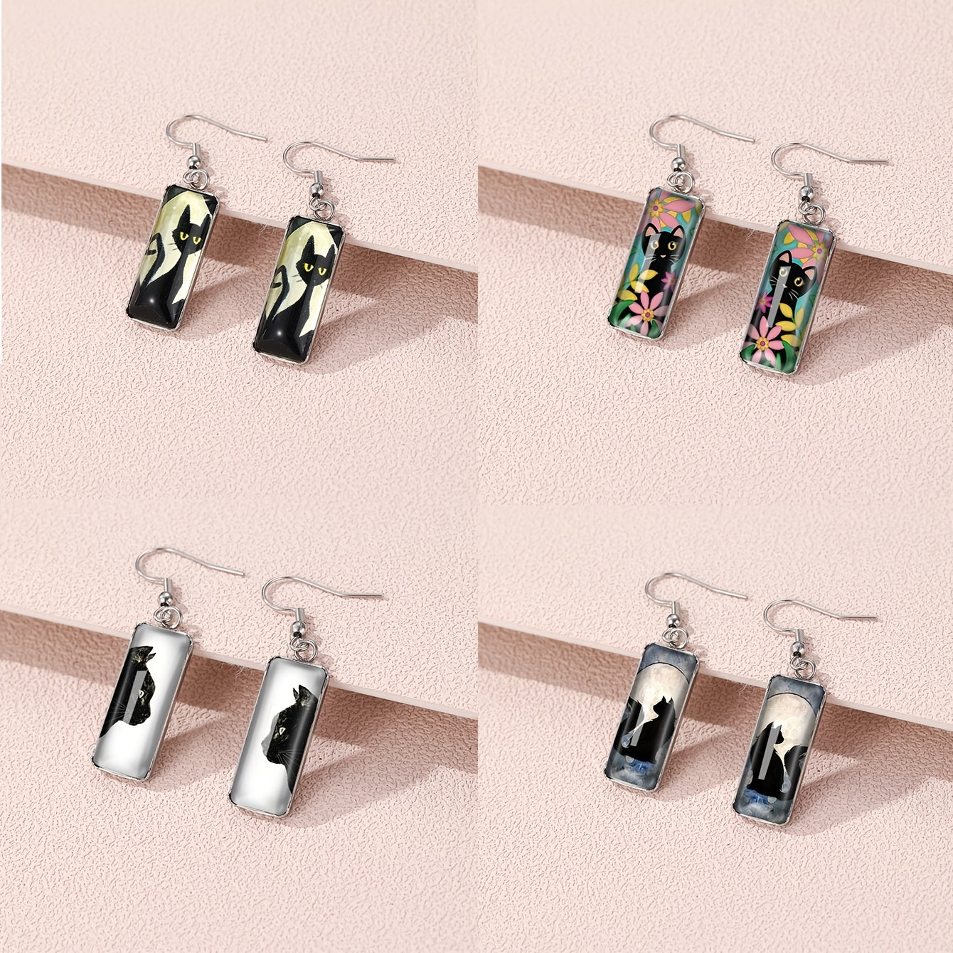 Cat Pattern Rectangle Drop Hook Earrings Jewelry Kitten Animal Party