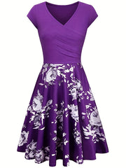 Floral V-Neck Short Sleeve Dress for Women