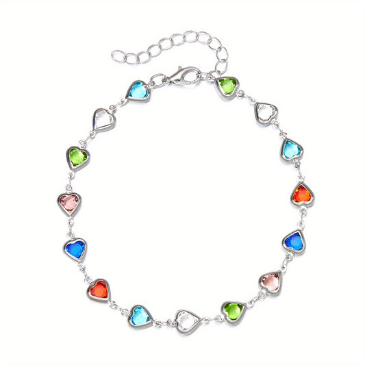 Colorful Faux Crystal Chain Anklet Love Heart Silver Plated Ankle Bracelet