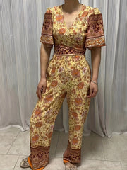 Boho Floral Print 2pc Set Wide Leg Pants & Crop Top