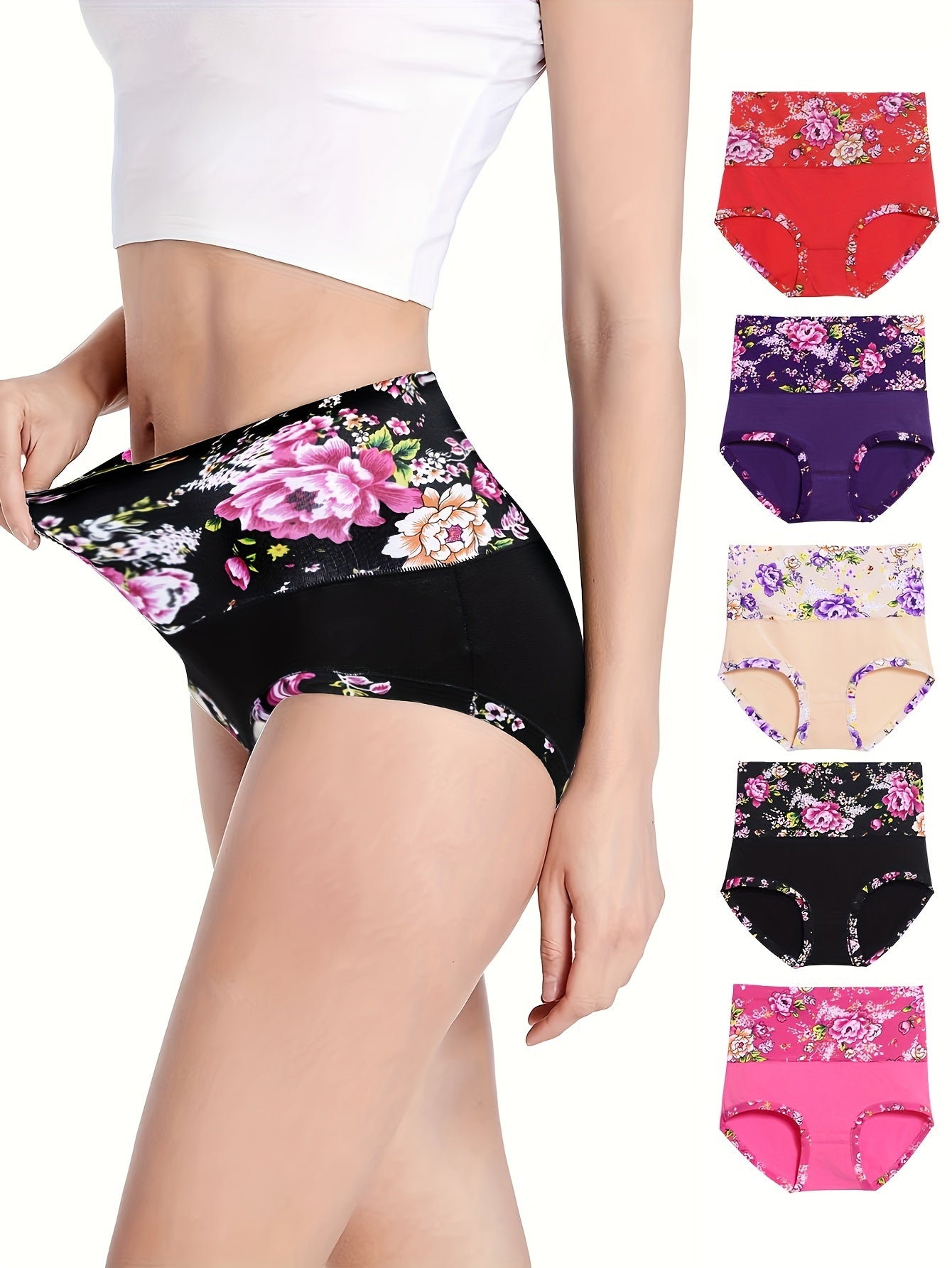 5pcs Floral Print Briefs Comfy & Stretchy Intimates Panties