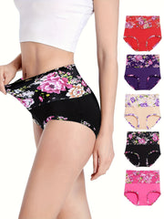 5pcs Floral Print Briefs Comfy & Stretchy Intimates Panties