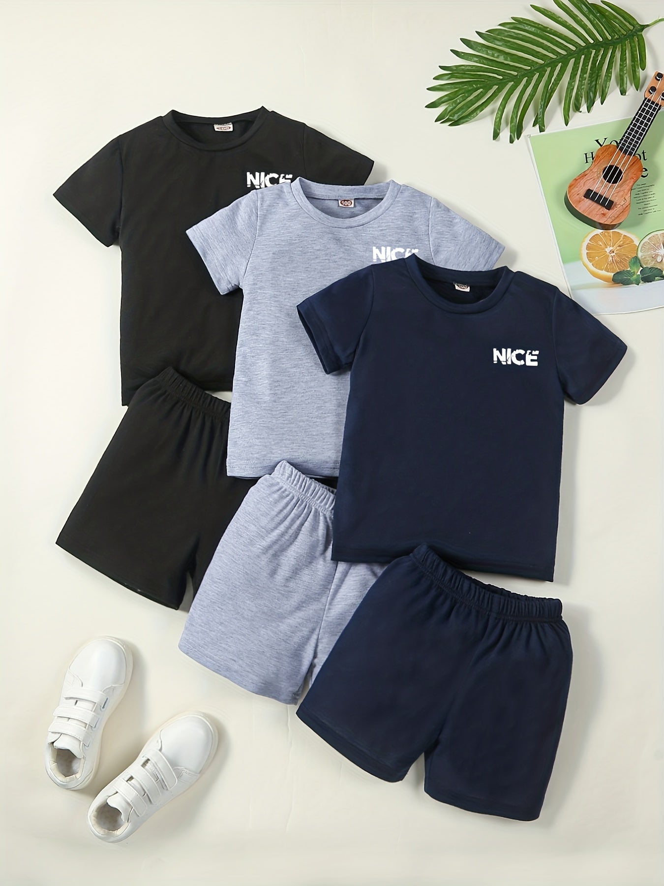 Boys Round Neck Short Sleeve T shirt & Elastic Waist Shorts 2pcs
