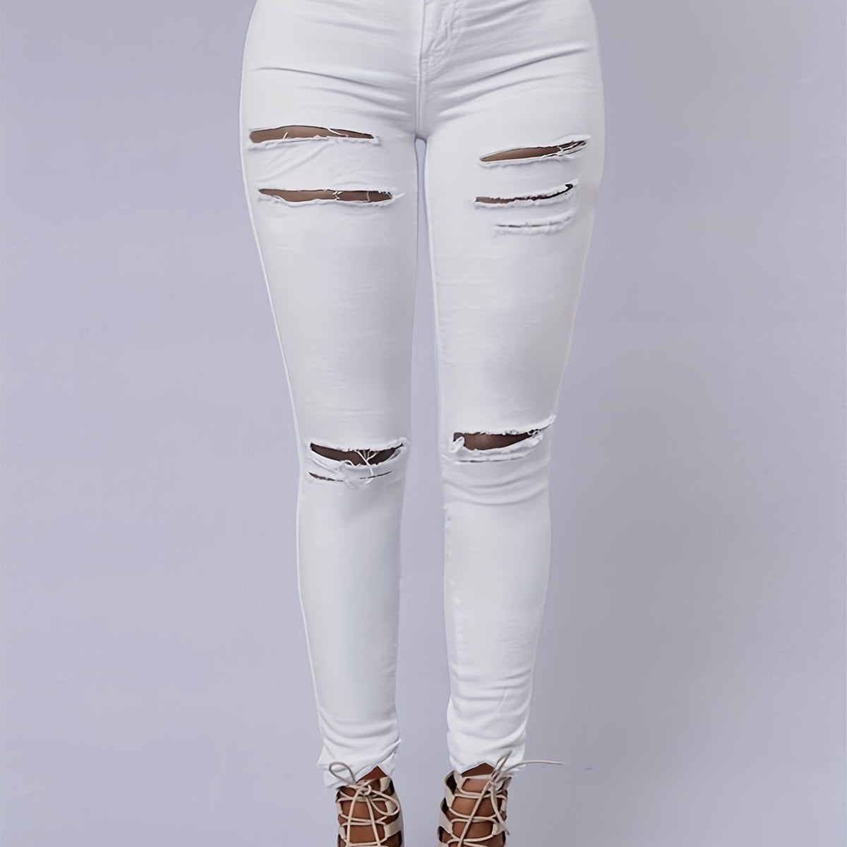  Casual Ripped Button Fly Skinny Jeans