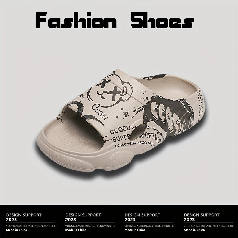 Men's Cartoon Print Non Slip Platform Slides Comfortable Cloud Slides