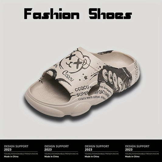 Men's Cartoon Print Non Slip Platform Slides Comfortable Cloud Slides