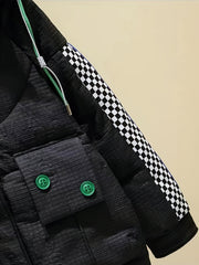 Plaid Detail Puffer Jacket Women's Winter Hooded Jacket