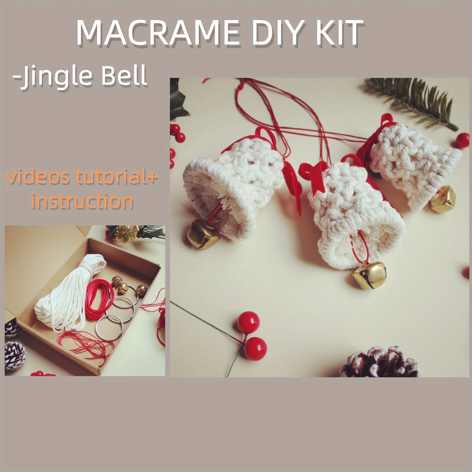 3pcs Macrame Jingle Bell DIY Kit Christmas Craft Set